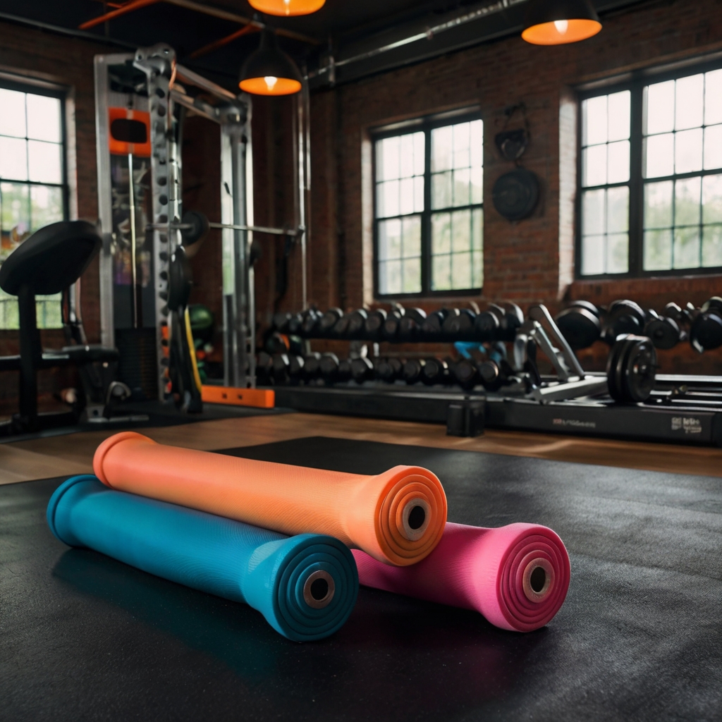 A gym with portable equipment like resistance bands and folding mats. Bright lighting highlights the flexibility of setting up a workout anywhere.