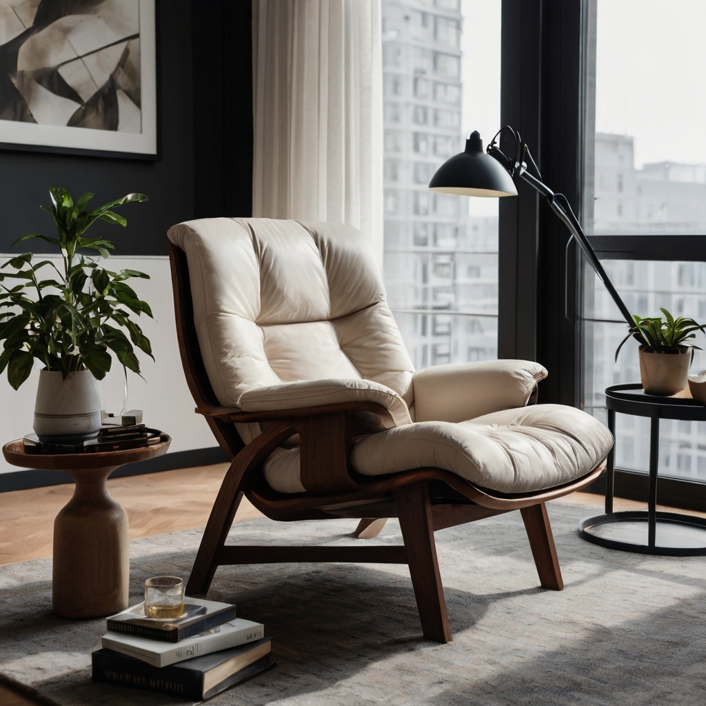 A practical, stylish chair surrounded by soft lighting in a well-organized minimalist room. The gentle lighting creates a welcoming atmosphere for reading.