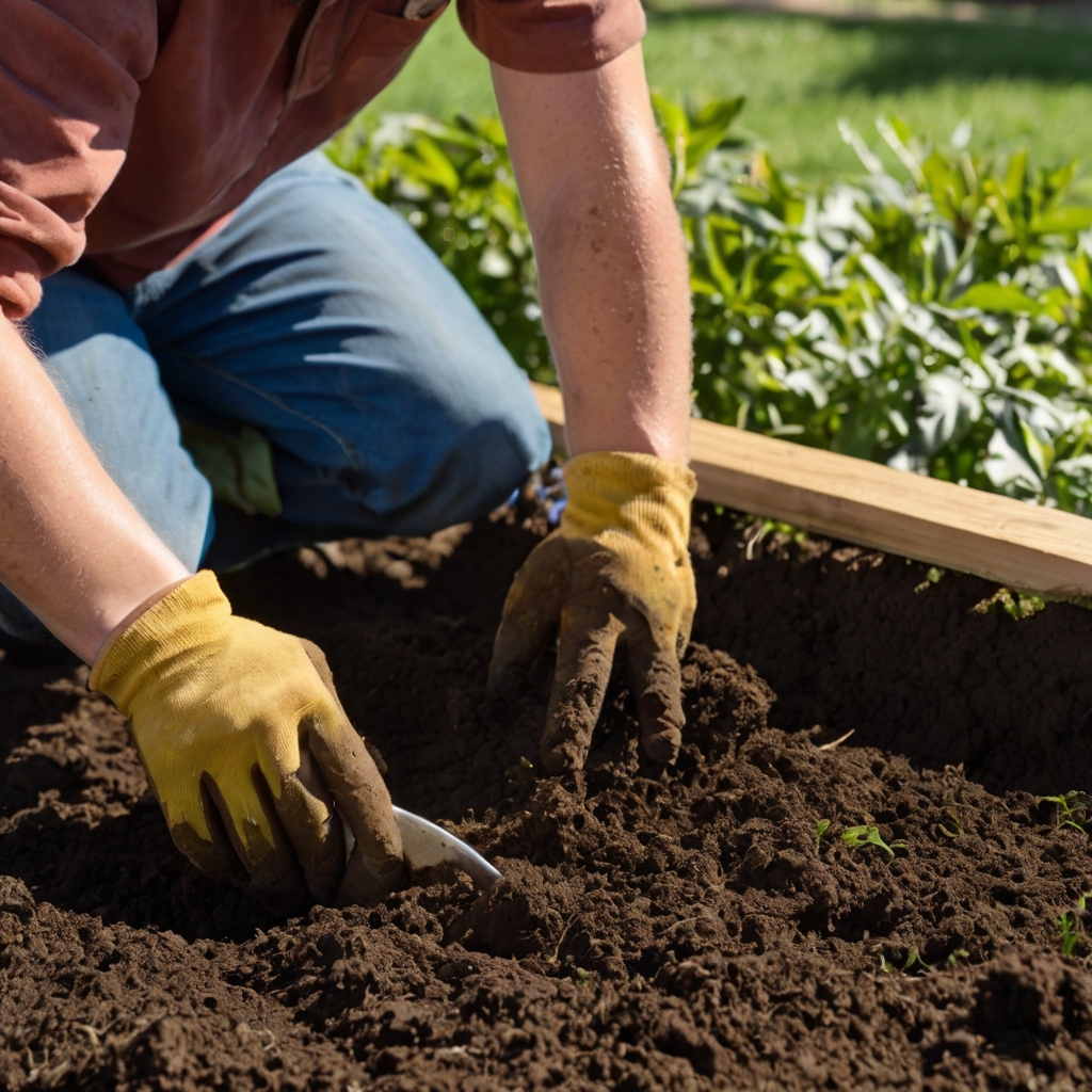 Gardener preparing nutrient-rich soil with a spade, digging 1-foot deep under a sunny sky. The fertile soil is ready for bamboo planting.