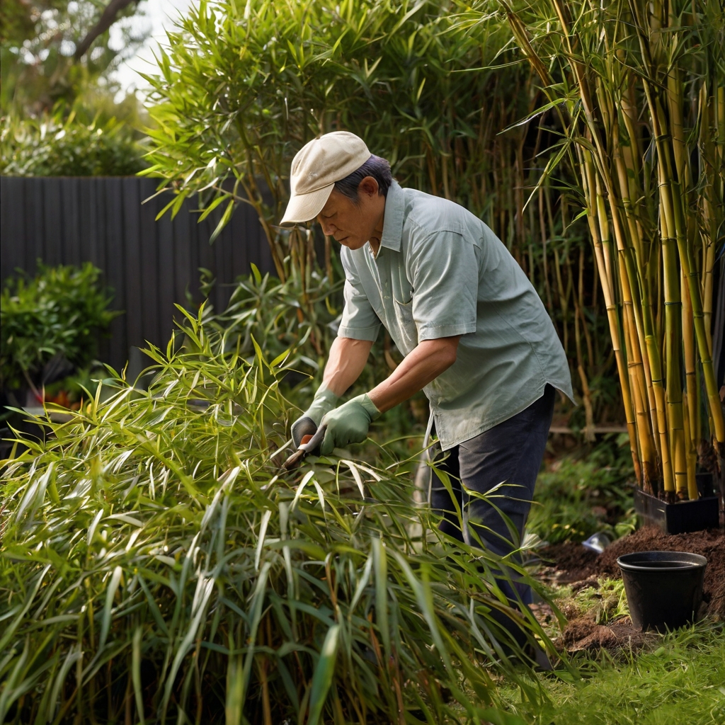 Side-on view of a gardener pruning bamboo, removing dead canes under bright mid-morning light. The bamboo clump appears well-maintained and healthy.