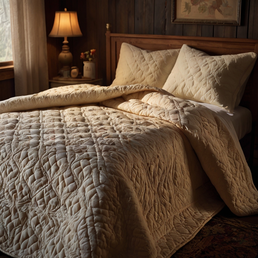 A quilted bedspread adds cozy texture to your bed. Warm lighting highlights the vintage charm.