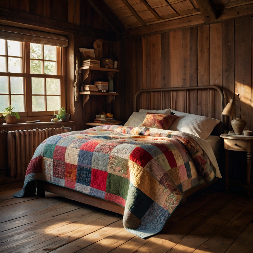 A cozy vintage room with a patchwork quilt on a wooden bed, warm light streaming through a nearby window. The quilt's vibrant colors enhance the rustic charm.