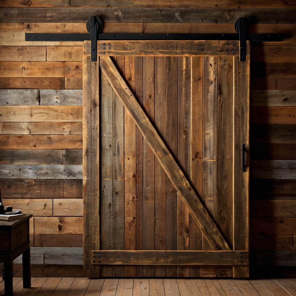 Barn door made of reclaimed wood with visible knots and weathered textures. Soft, warm lighting highlights the vintage charm of the door.