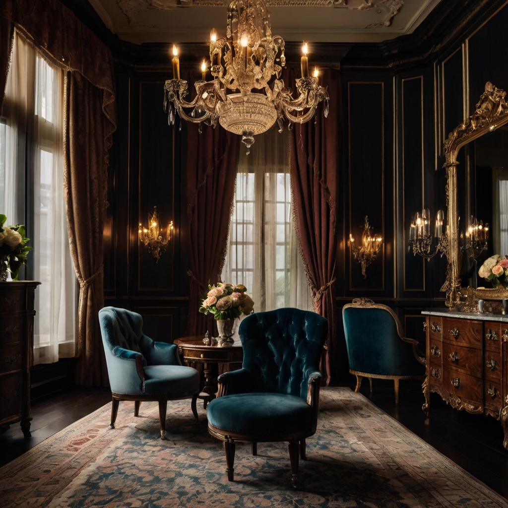 Design a Victorian-style dressing room with dark wood furniture and velvet details. Dim lighting and a chandelier create a rich, dramatic atmosphere.