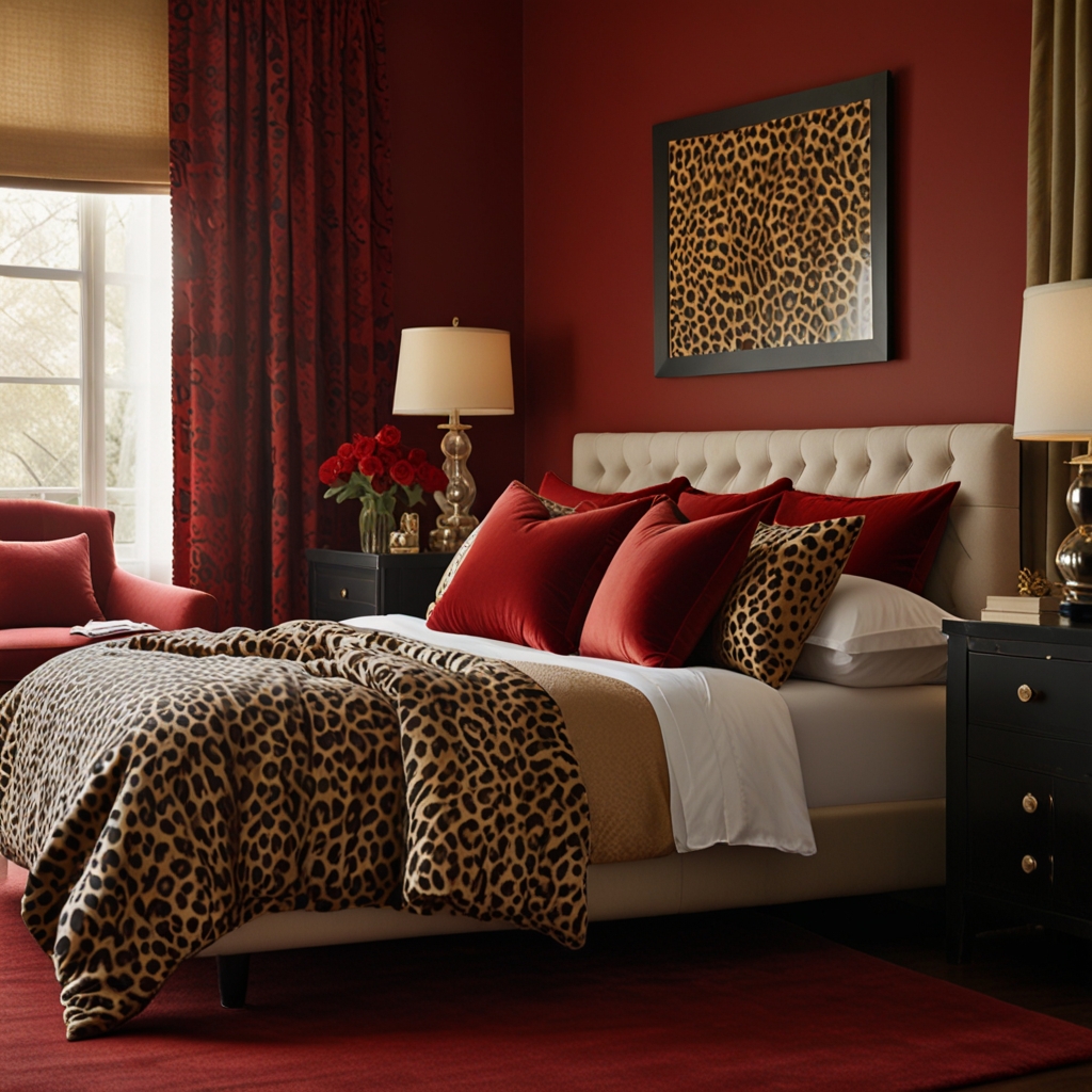 Red accents contrast beautifully with cheetah print bedding. Soft lighting highlights the textures for a luxurious look.