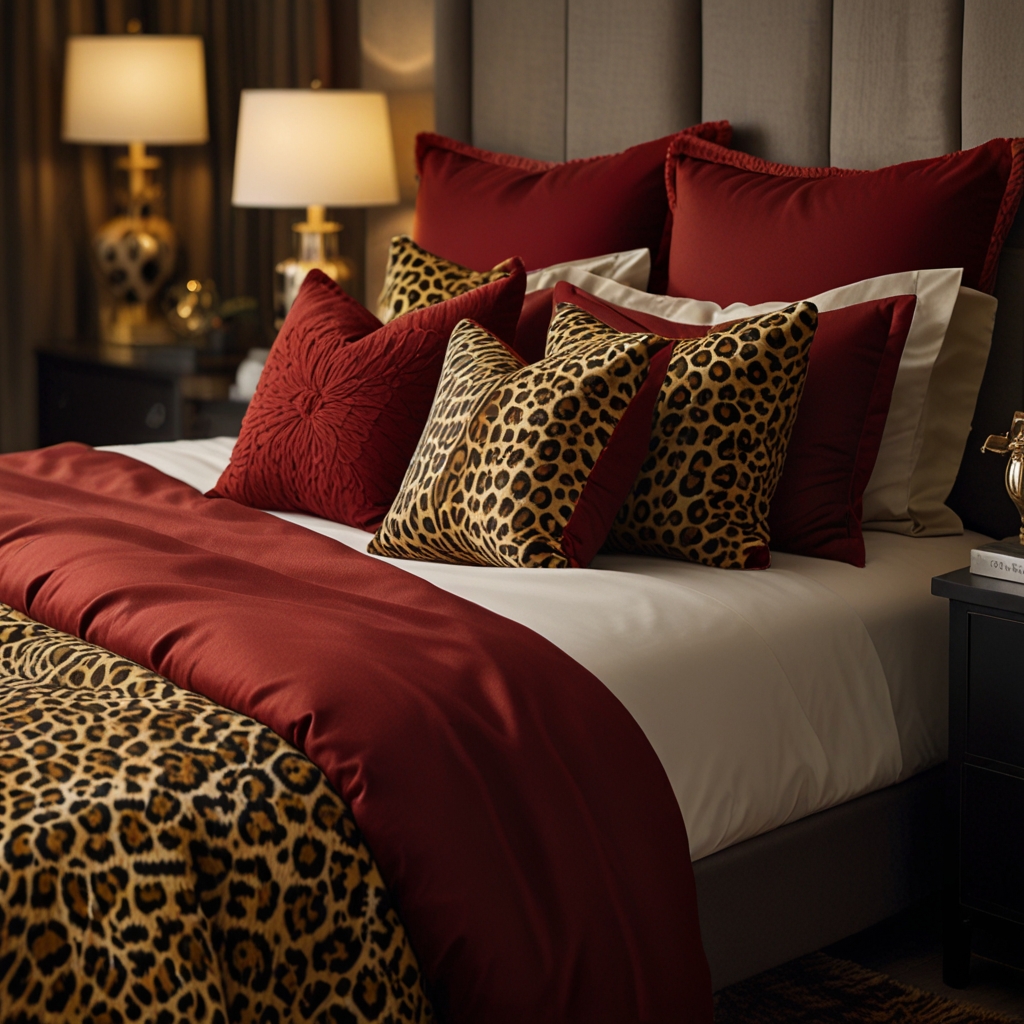 Deep red bedding and cheetah print pillows create a stylish contrast. Soft lighting adds warmth and emphasizes the textures.