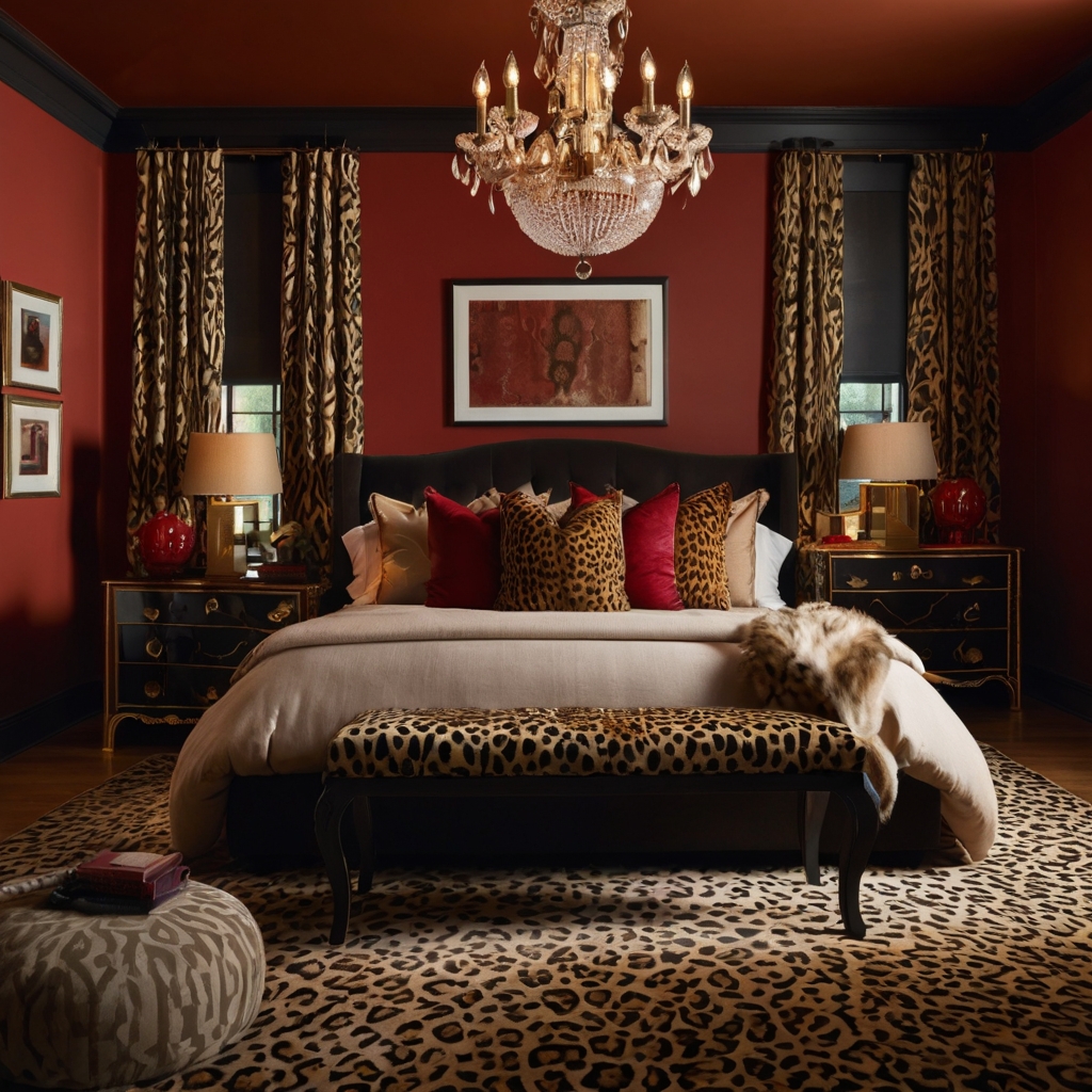 Red walls and cheetah accents create a bold, dramatic atmosphere. Warm lighting adds depth and sophistication to the room.