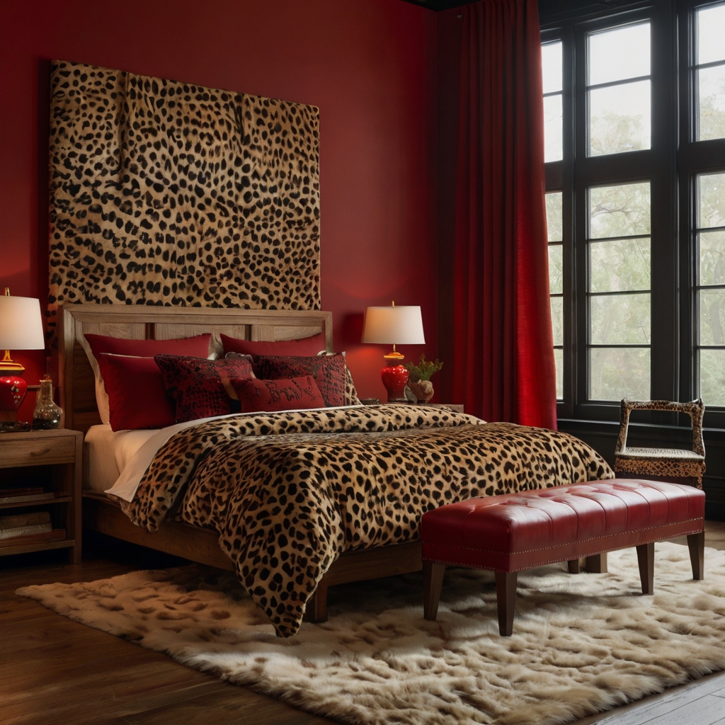 Red walls and cheetah print accents bring a wild touch to your bedroom. Natural textures complete the adventurous design.