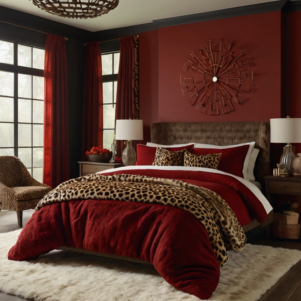 Red and cheetah prints blend boldness and comfort. Soft throws and plush pillows create a cozy atmosphere.