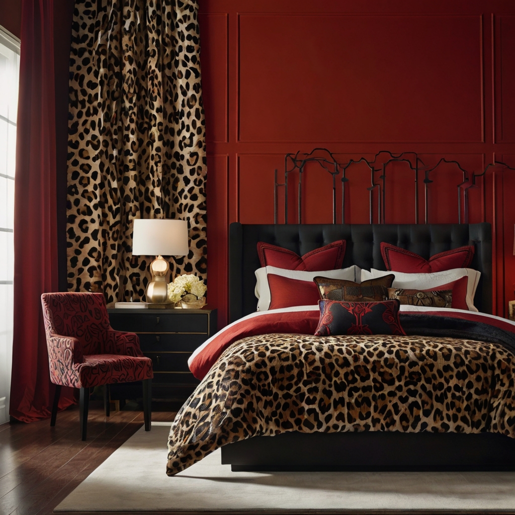 A bold red accent wall and cheetah print bedding create an energetic look. Soft lighting enhances the dramatic design.