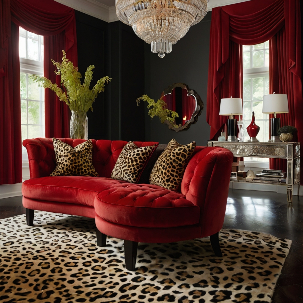 Red and cheetah furniture pieces create a bold, stylish room. Soft, ambient lighting enhances the elegance.