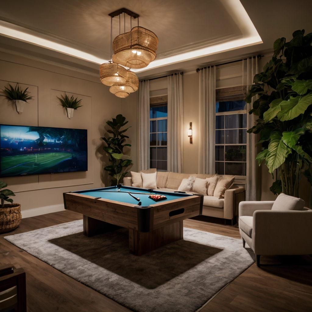 Create a relaxing game room with plush seating, soft lighting, and calming decor for a stress-free vibe.