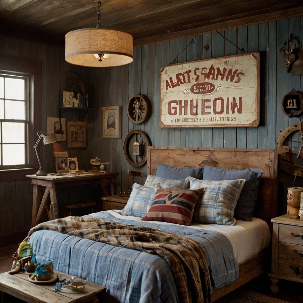 A vintage repurposed sign adds character to the boy’s room. Soft lighting highlights the sign, complementing the room’s rustic, playful charm.