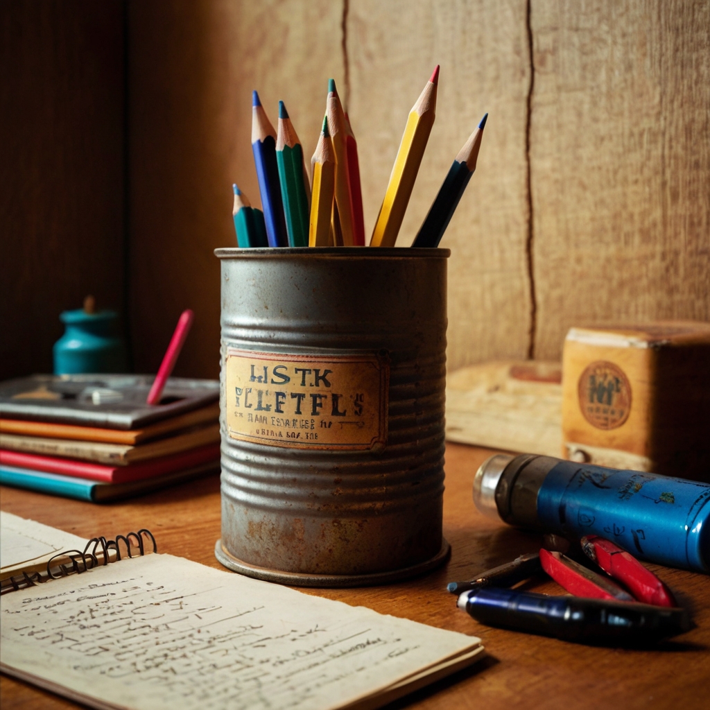 A repurposed can serves as a quirky pencil holder on a wooden desk. Soft lighting illuminates the nostalgic item, adding character to the space.