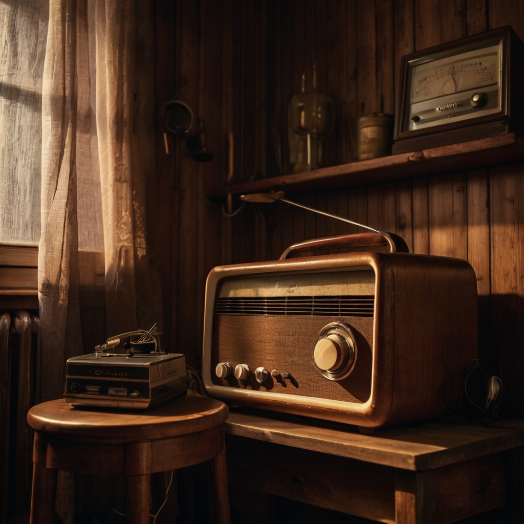 A vintage radio unit illuminated by warm ambient light, adding charm to the rustic room. The radio becomes the focal point in a cozy setting.