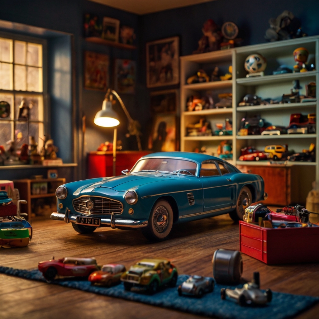 Shelves filled with retro toys, lit with soft focused lighting. The room's vintage backdrop adds to the nostalgic, playful ambiance.