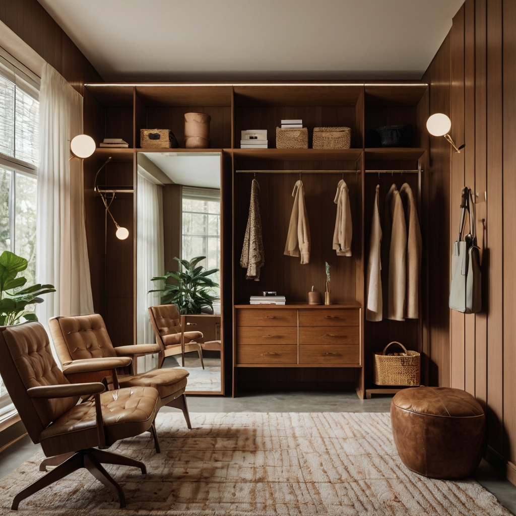 Incorporate minimalist furniture and earthy tones into a mid-century modern dressing room. Retro patterns and sleek lines complete the look.