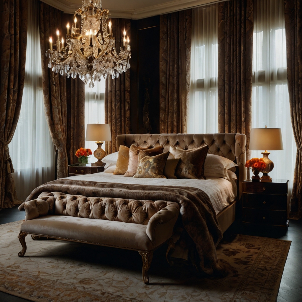 Heavy silk and velvet fabrics in the bedroom create an opulent, inviting space. Soft lighting enhances the luxurious textures for a refined retreat.