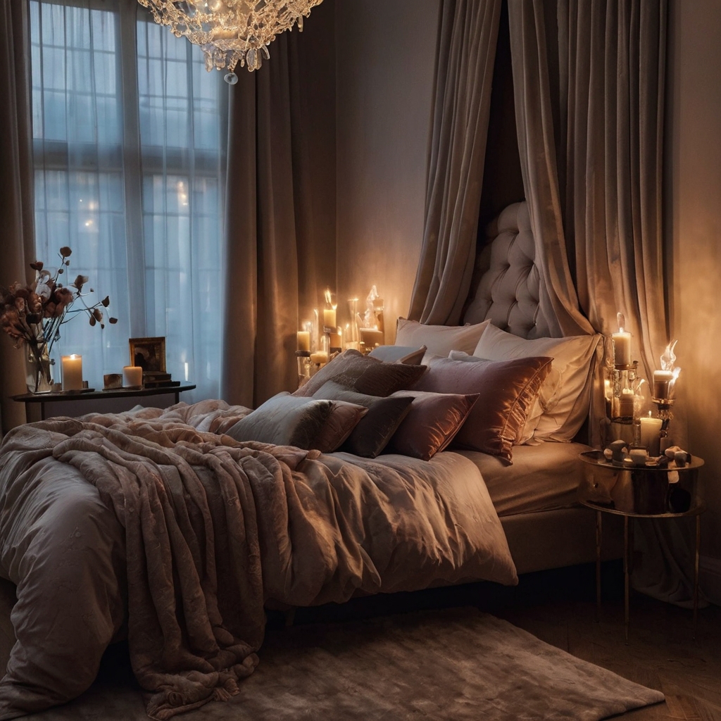 Silk fabrics, velvet pillows, and dimmed lighting create a romantic atmosphere. Scented candles and fairy lights enhance the dreamy ambiance.