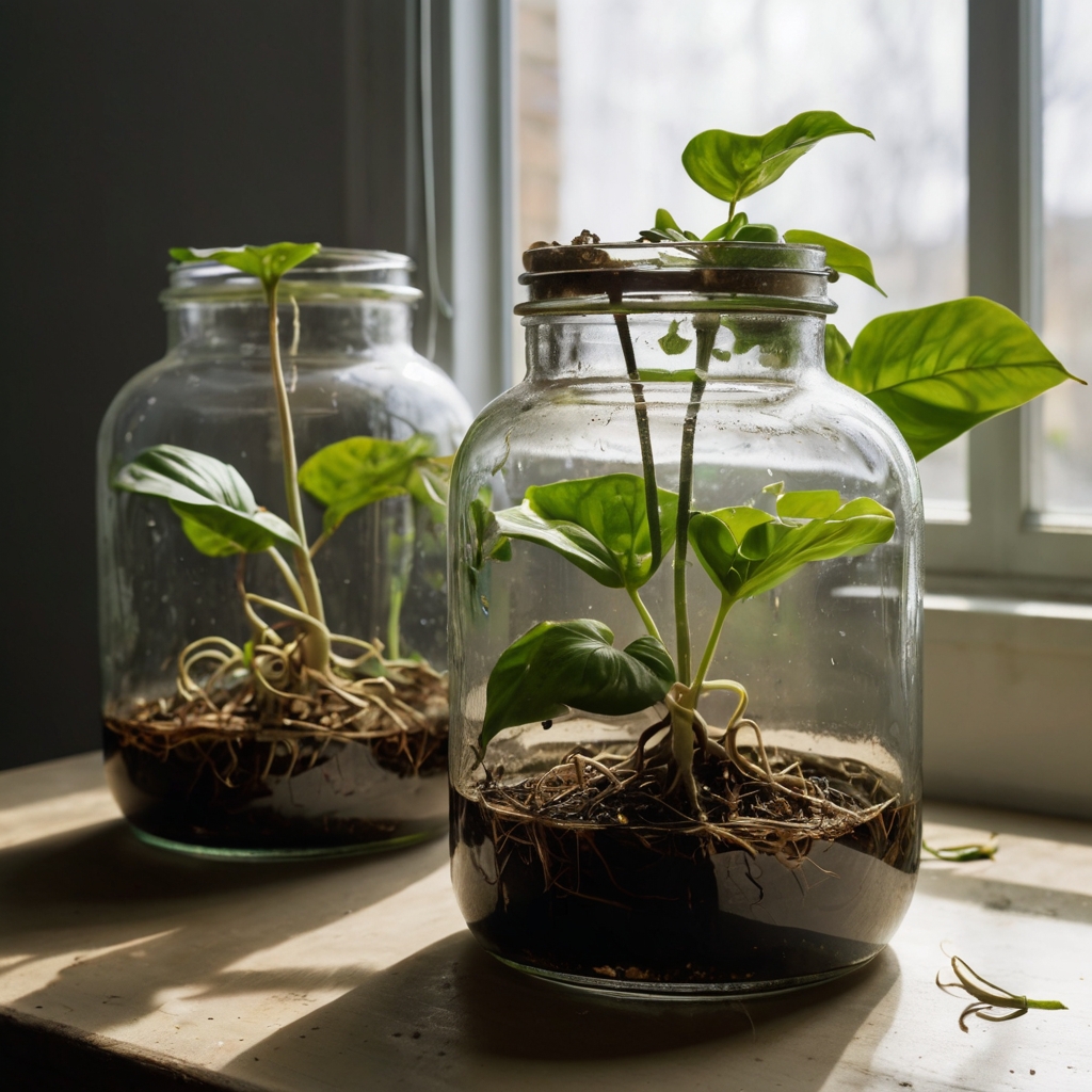 A pothos cutting with brown, slimy roots being trimmed and cleaned before returning to fresh water, under soft, natural light.