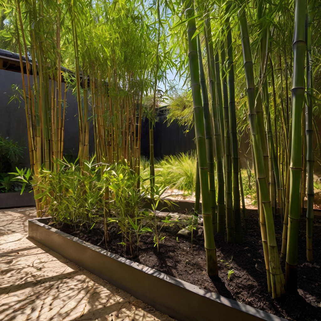 Running bamboo spreading across a garden, forming a dense natural screen under bright afternoon sunlight. Long shadows emphasize its rapid growth.