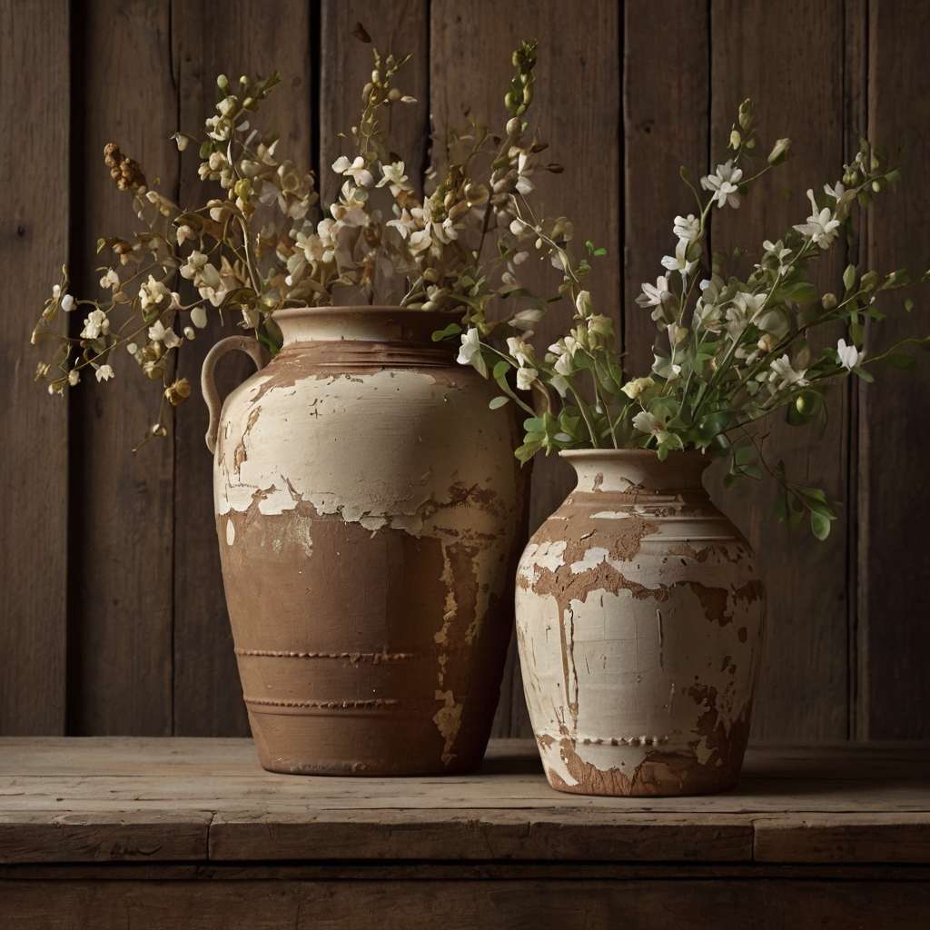 Rustic vases with distressed textures bring vintage charm alive. Dramatic highlights add depth to their weathered surfaces.