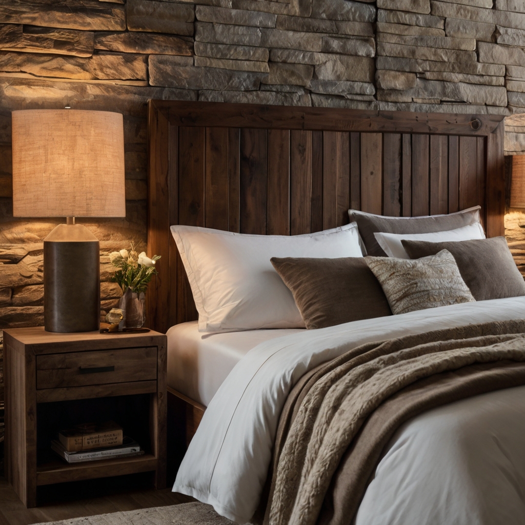 Incorporate natural wood and stone accents for a rustic bedroom charm. Soft, natural lighting complements the earthy tones.