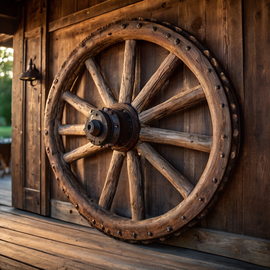 Rustic sliding door with decorative wagon wheels. Warm lighting enhances the cozy, historical ambiance.