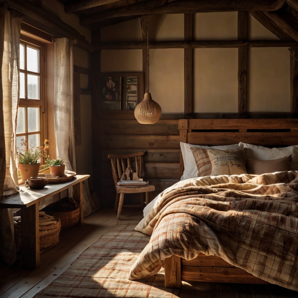 A cozy bedroom featuring a rustic wooden bed with a plaid quilt and earthy tones. Natural light highlights the wood's texture and rustic charm.