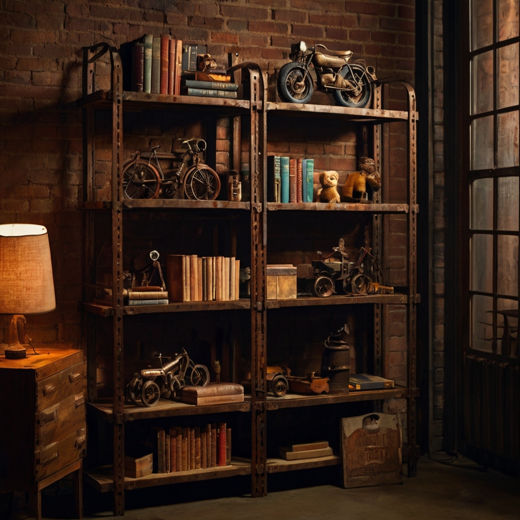 Industrial-style metal shelves displaying books and memorabilia, highlighted by ambient light. The room features a cozy, rugged feel with wooden accents.