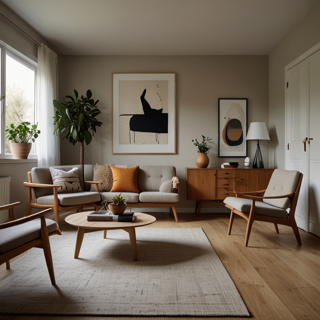 Mid-century modern apartment with Scandinavian influences, light wood tones, and neutral textiles.