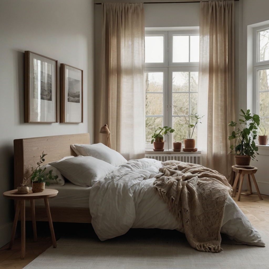 Scandinavian bedroom with light shades and minimalist furniture. Large windows create an airy, tranquil environment.