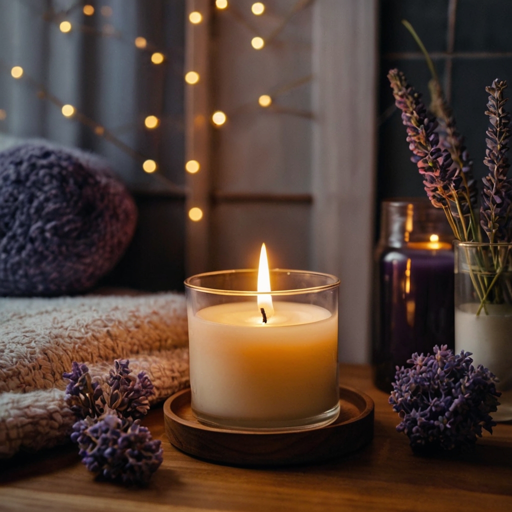 Lavender, sandalwood, and vanilla-scented candles create a soothing bedroom ambiance. The flickering candlelight enhances the peaceful atmosphere.