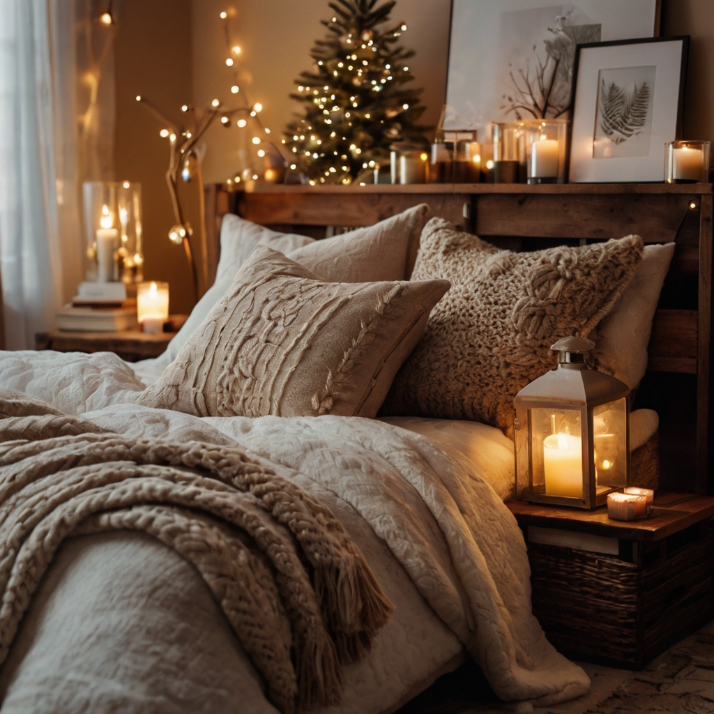 Fresh seasonal decor brings new energy to your bedroom. Warm lighting enhances the lively vibe.