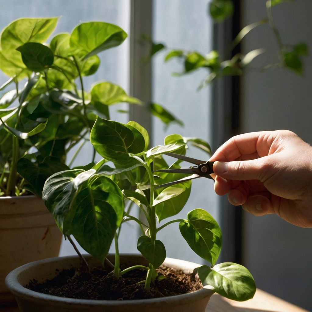 A healthy pothos cutting being carefully taken from a vine with fresh leaves, illuminated by natural light, with scissors trimming just below the node.