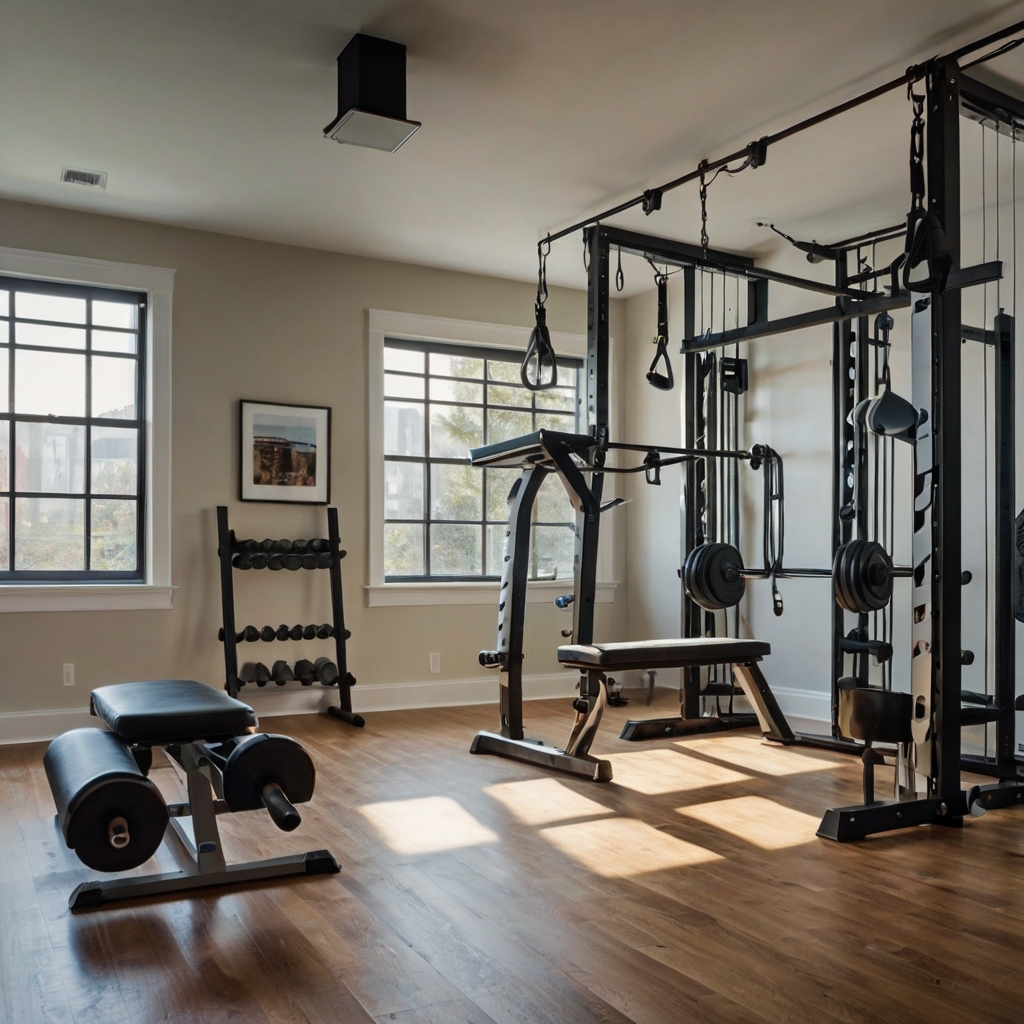 A compact gym with space-saving wall-mounted equipment like pull-up bars. Bright, functional lighting enhances the efficient use of the small space.