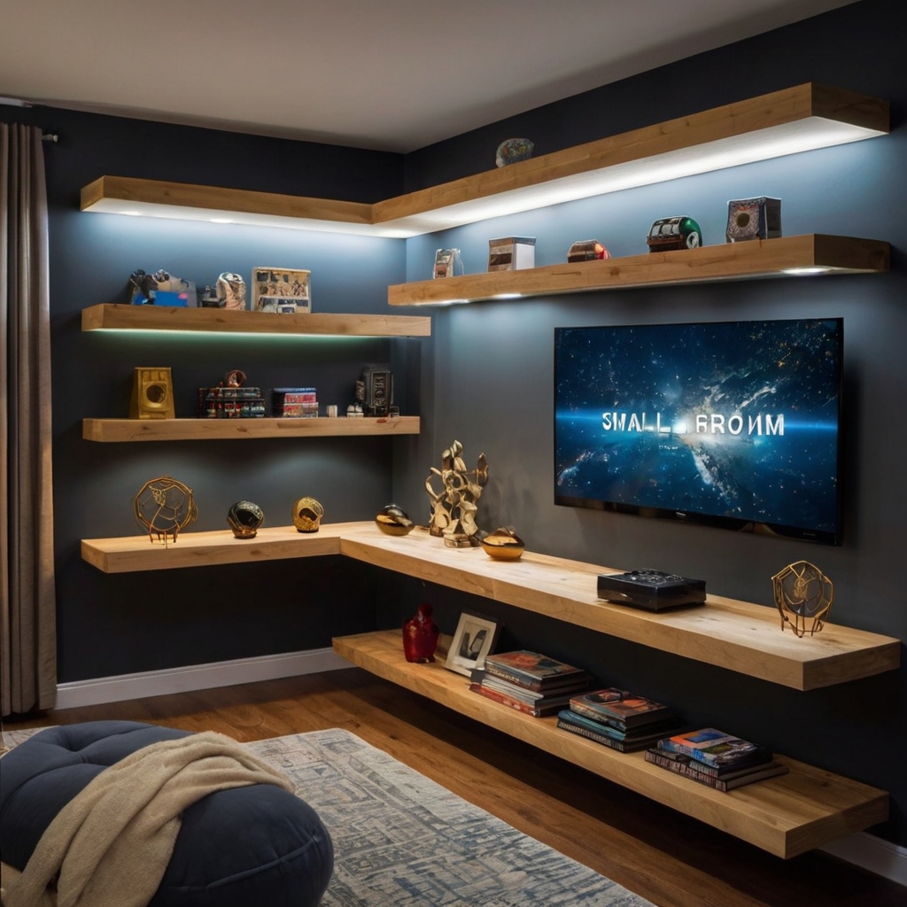 Showcase your games with floating shelves and focused lighting, adding elegance and function to your space.