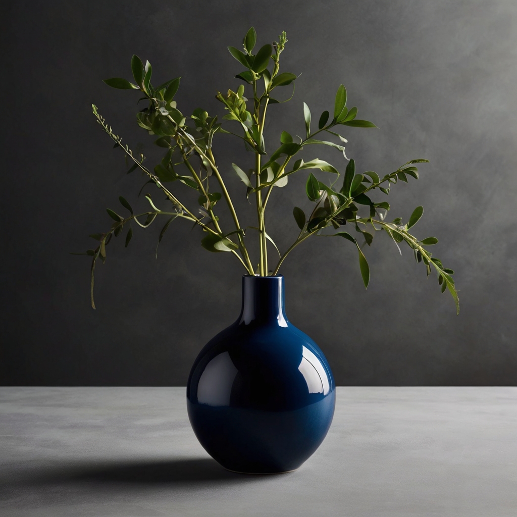 Minimalist vase with a bold geometric circle, overhead lighting casting sharp shadows to emphasize simple, bold elegance.