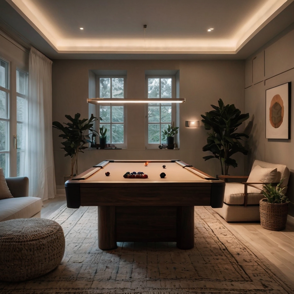 Simplify your game room with minimal decor and warm lighting, crafting a serene, clutter-free environment.