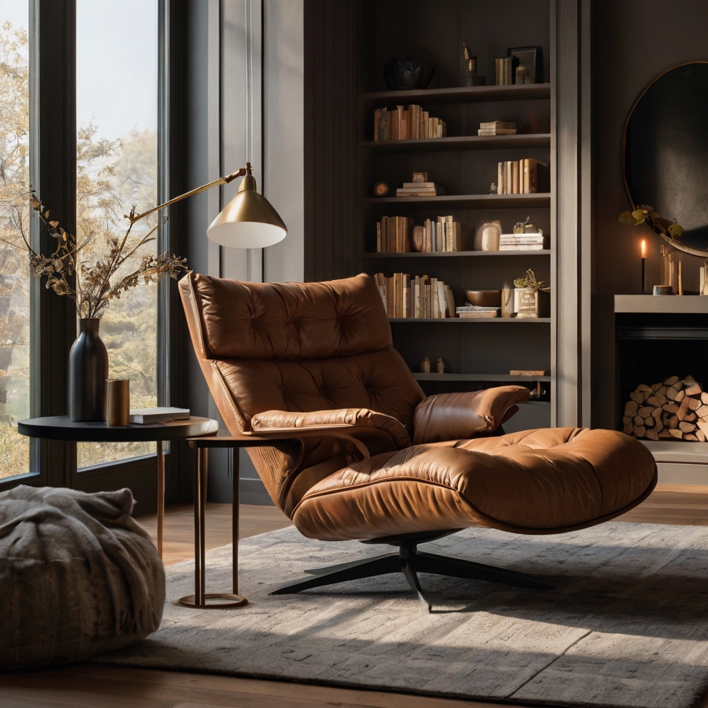 A sleek, modern chair with soft leather cushions, bathed in natural light to emphasize its design. The room’s minimalist decor completes the ideal reading environment.