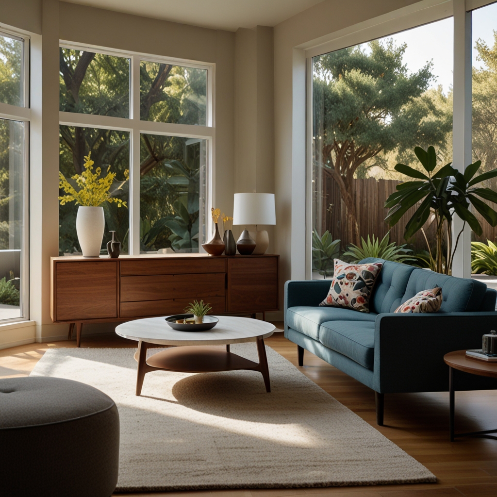 Minimalist mid-century modern living room featuring furniture with sleek, straight lines and natural light.