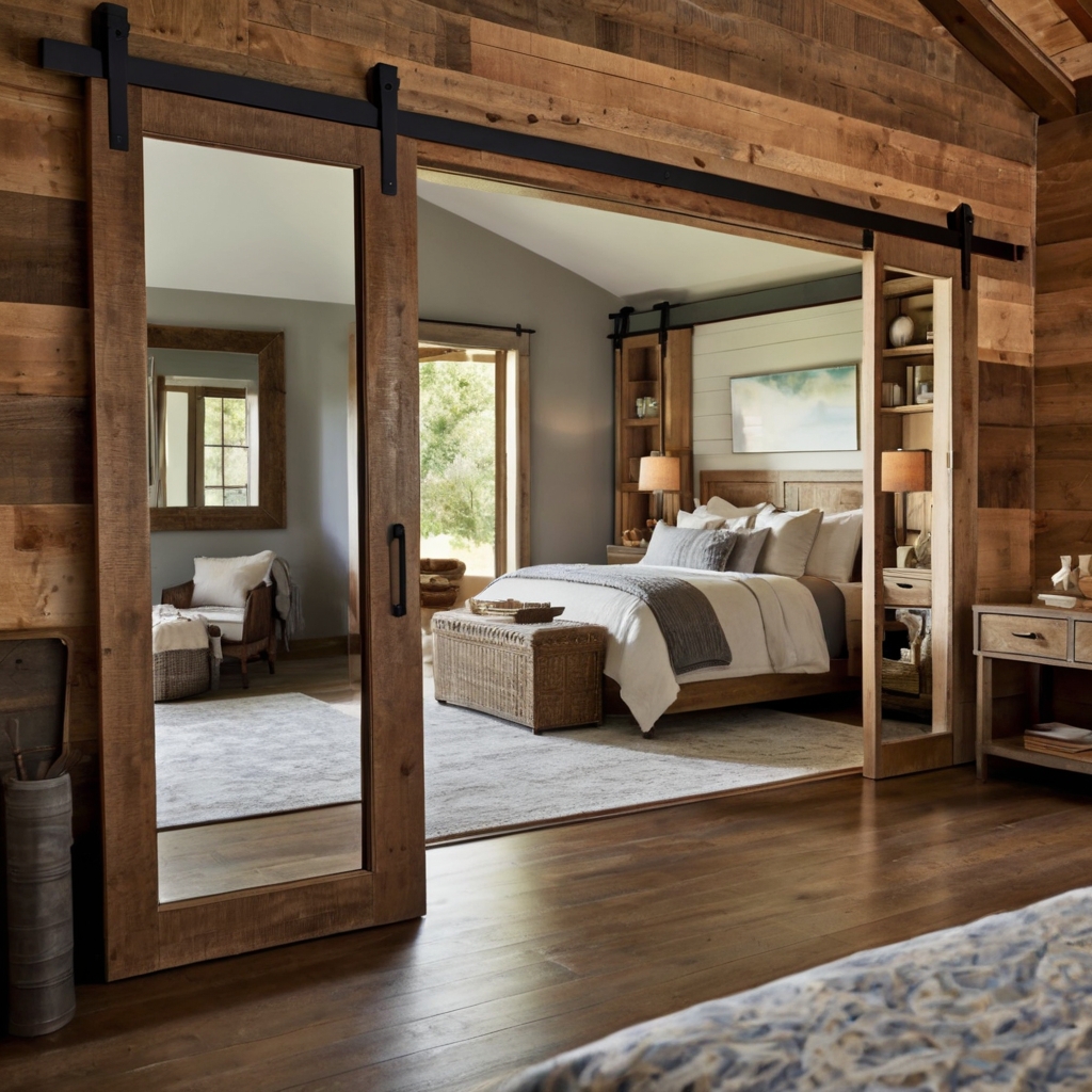 Barn doors with large mirrors reflecting a cozy bedroom. Soft lighting creates a warm, inviting atmosphere.