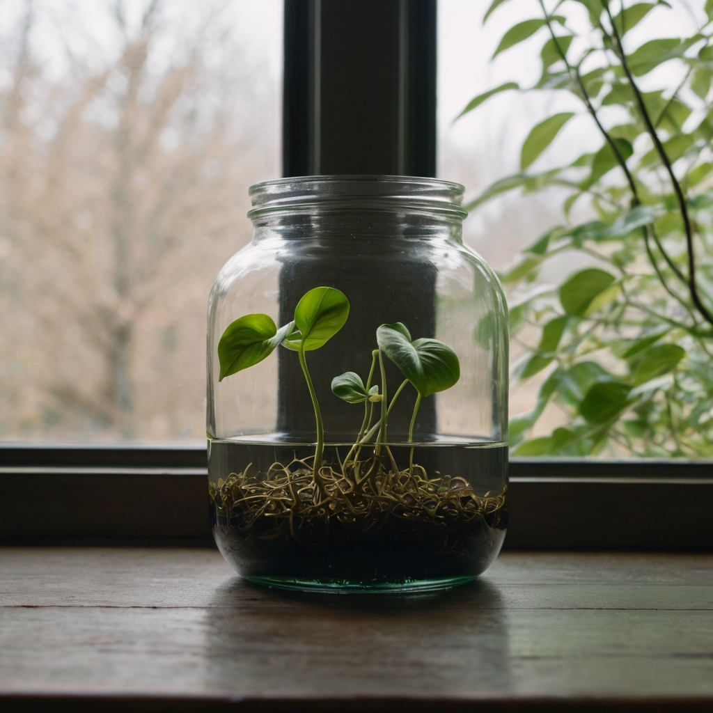 A pothos cutting with minimal root growth in a jar of clear water, illuminated by soft natural light, emphasizing patience and care.