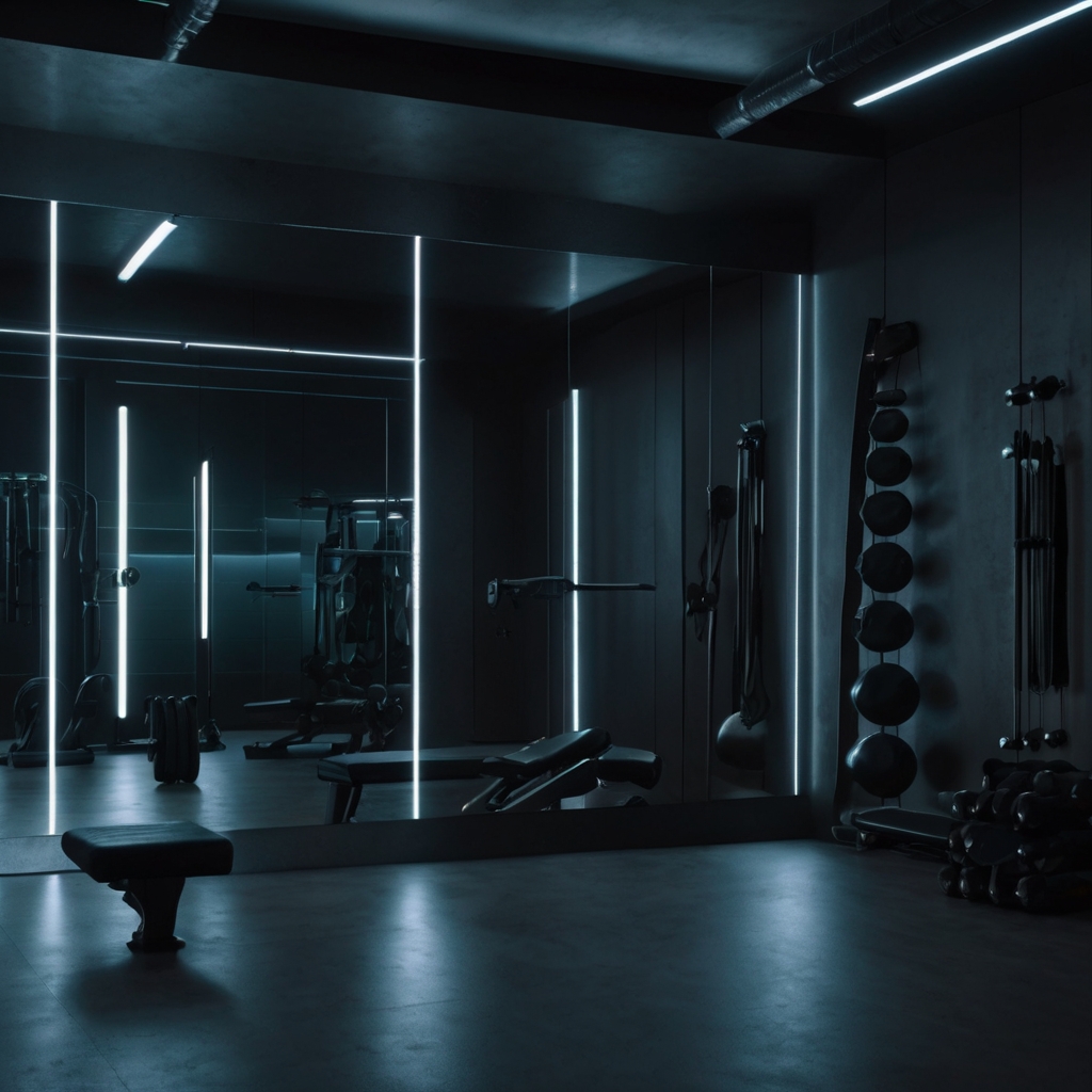 A futuristic gym with a smart mirror showing real-time workout data. The sleek, minimalist design and LED strip lighting highlight the innovative setup.