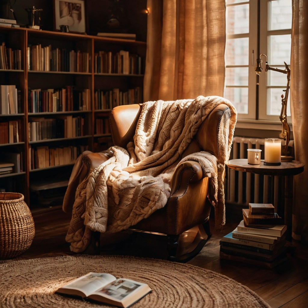 A cozy armchair draped with a plush throw blanket, illuminated by warm, golden light. Surrounded by books, this chair offers the perfect snug spot for reading.