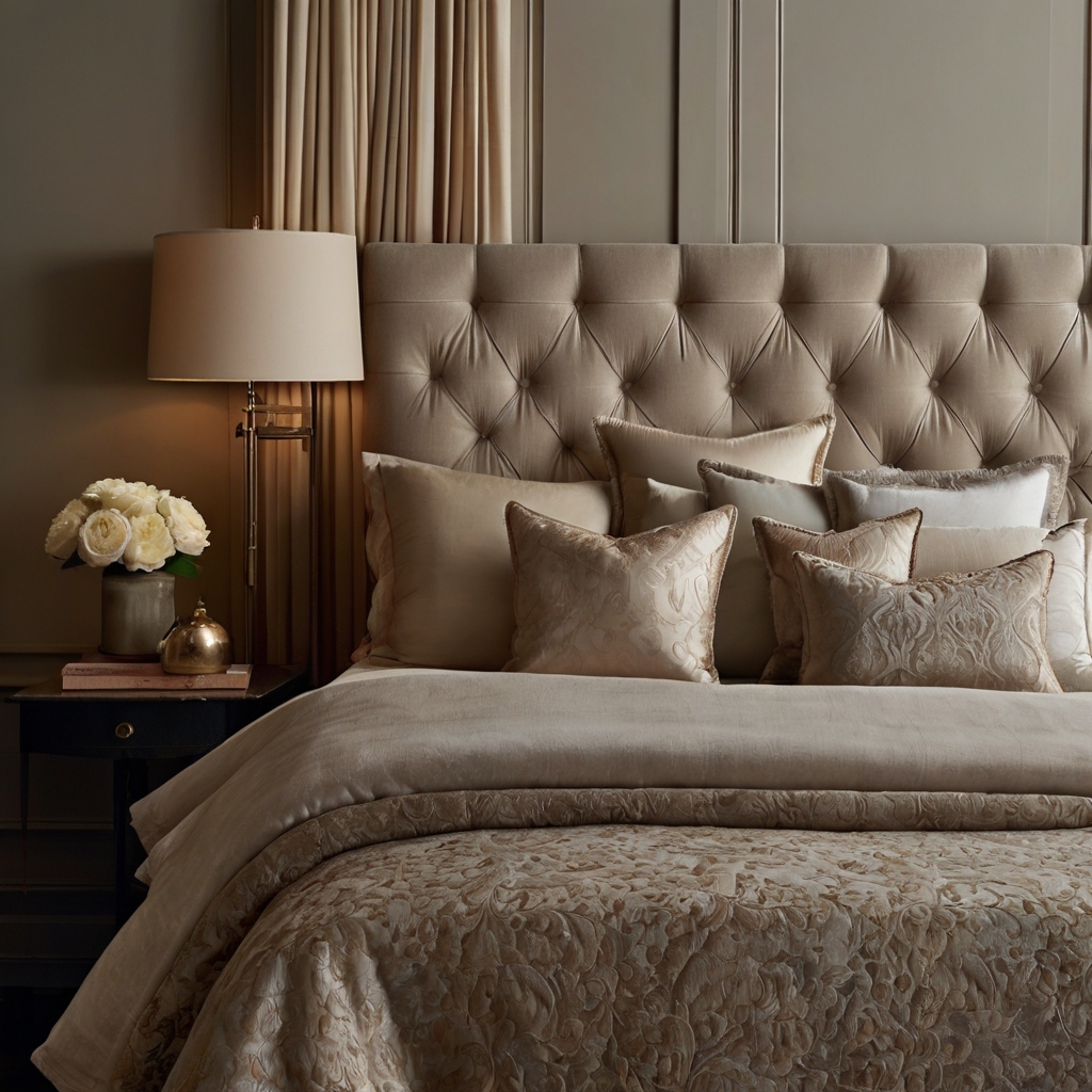 Create a serene retreat with silk, cashmere, and chenille fabrics. Soft lighting highlights the luxurious materials for a soothing effect.