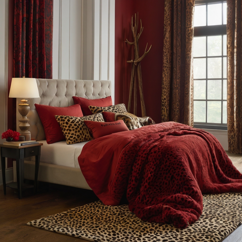 Red throws and cheetah print pillows add dynamic contrast. Soft furnishings like rugs anchor the room's design.