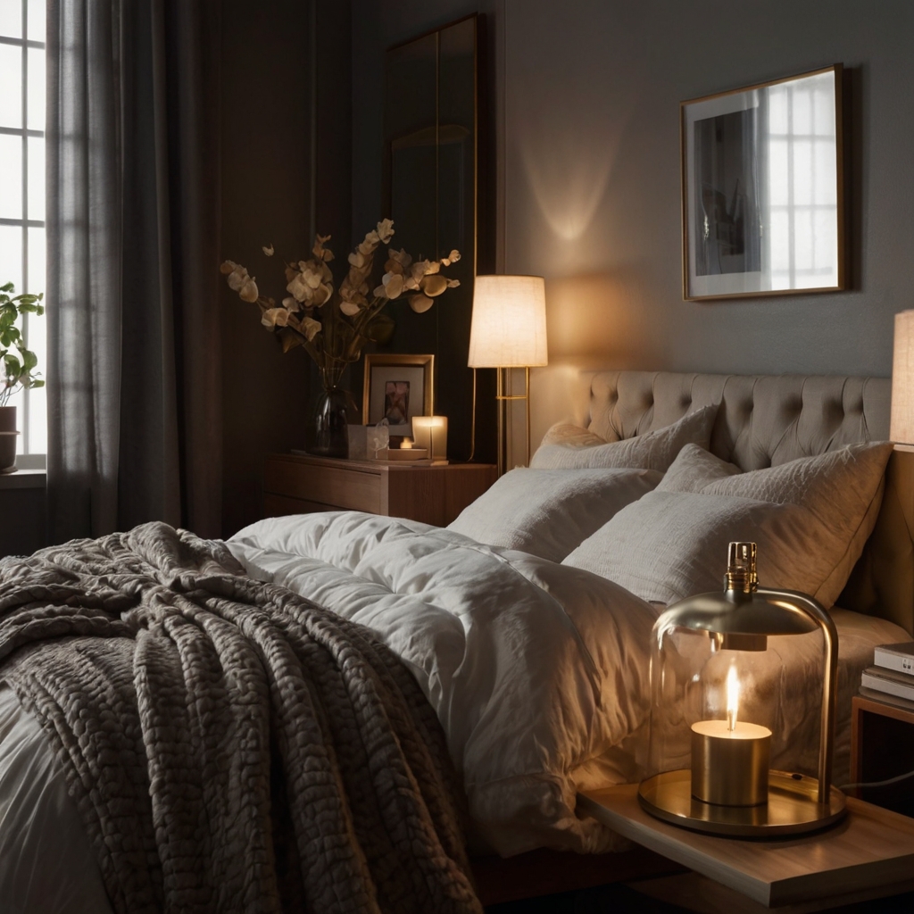 Layered bedside lamps and sconces create a soft, intimate lighting effect. Perfect for setting a relaxed, cozy mood in your bedroom.