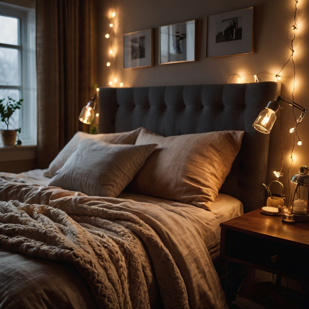 Create a cozy atmosphere with soft, dim lighting from table lamps and string lights. Perfect for relaxation and comfort.