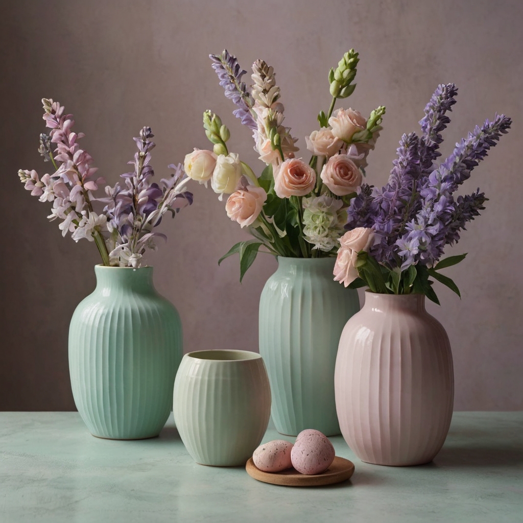 Pastel-shaded vase in soft pinks and greens, diffuse lighting creating a calm, serene ambiance with no harsh shadows.